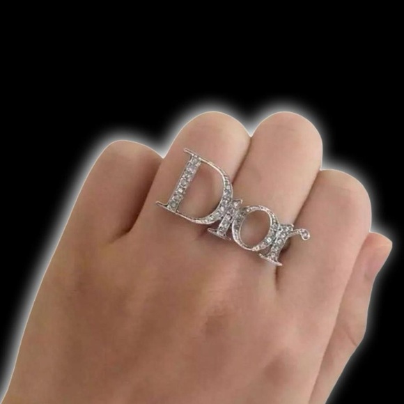 Dior Monogram Silver Logo Diamanté Spelled Out Double Finger Ring - Picture 7 of 16